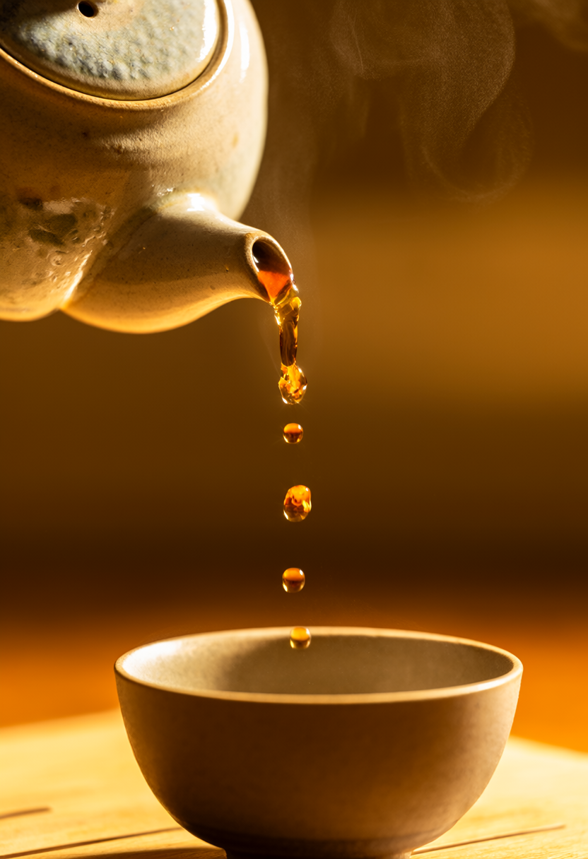 Golden amber herbal tea pouring smoothly into a handcrafted minimalist ceramic cup