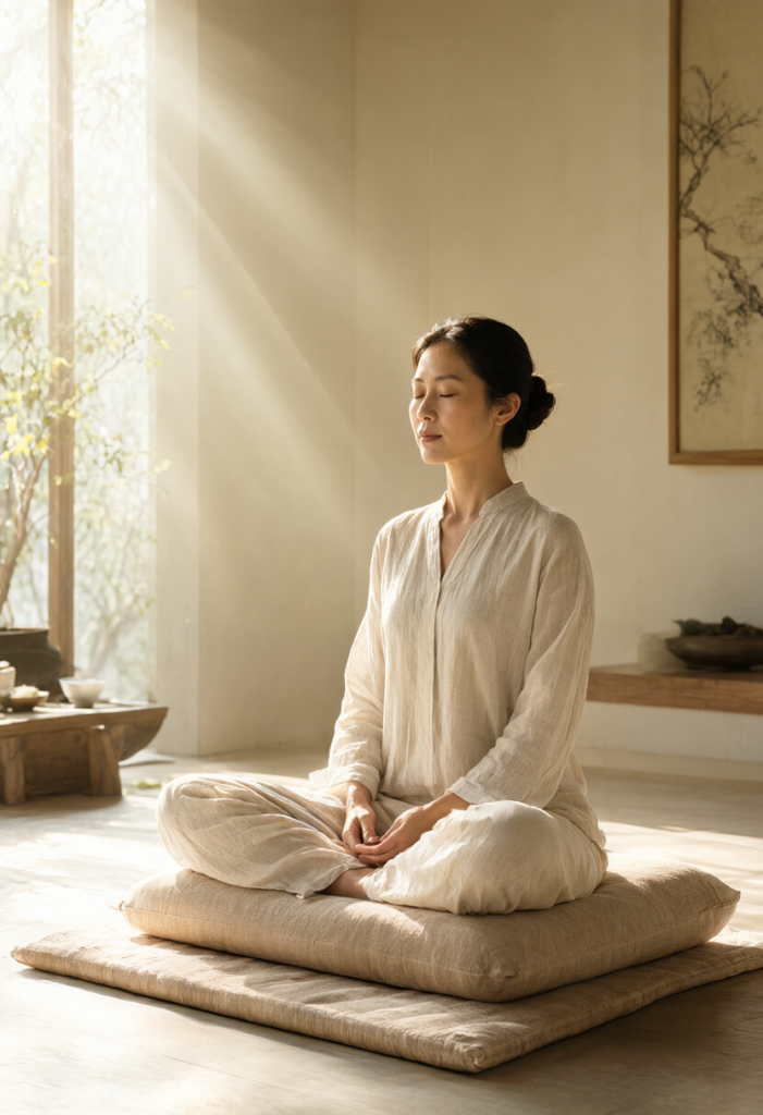Người phụ nữ thực hành hơi thở sâu tĩnh tại trên đệm thiền ngập tràn ánh nắng sớm