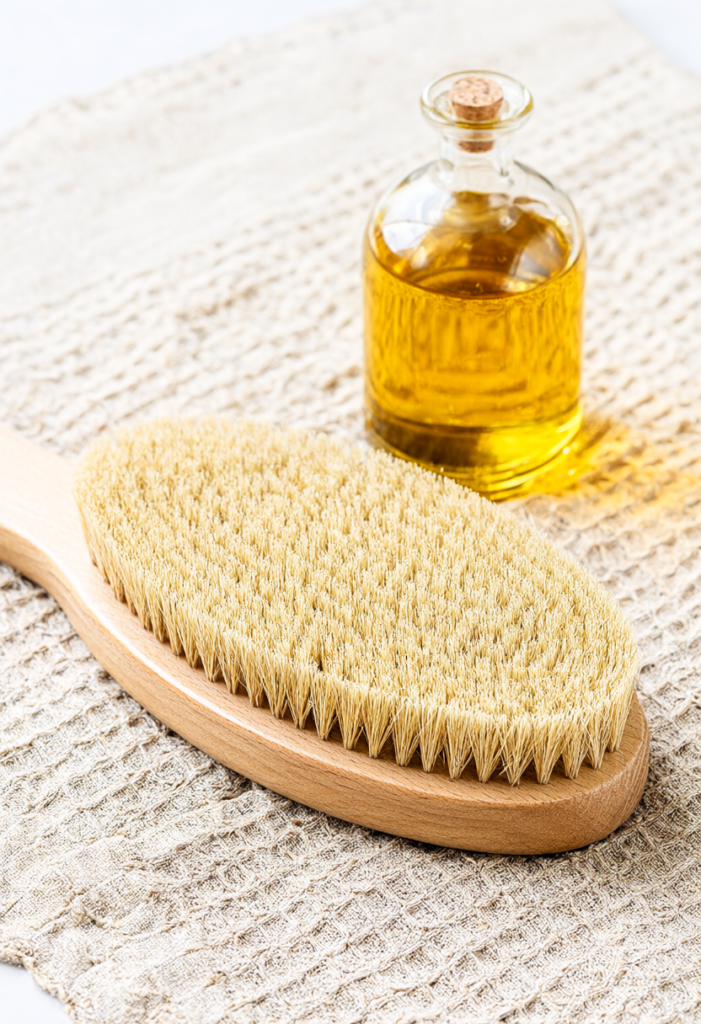 Bàn chải lông tự nhiên cán gỗ sồi cao cấp đặt trên khăn đũi hữu cơ bên chai dầu dưỡng