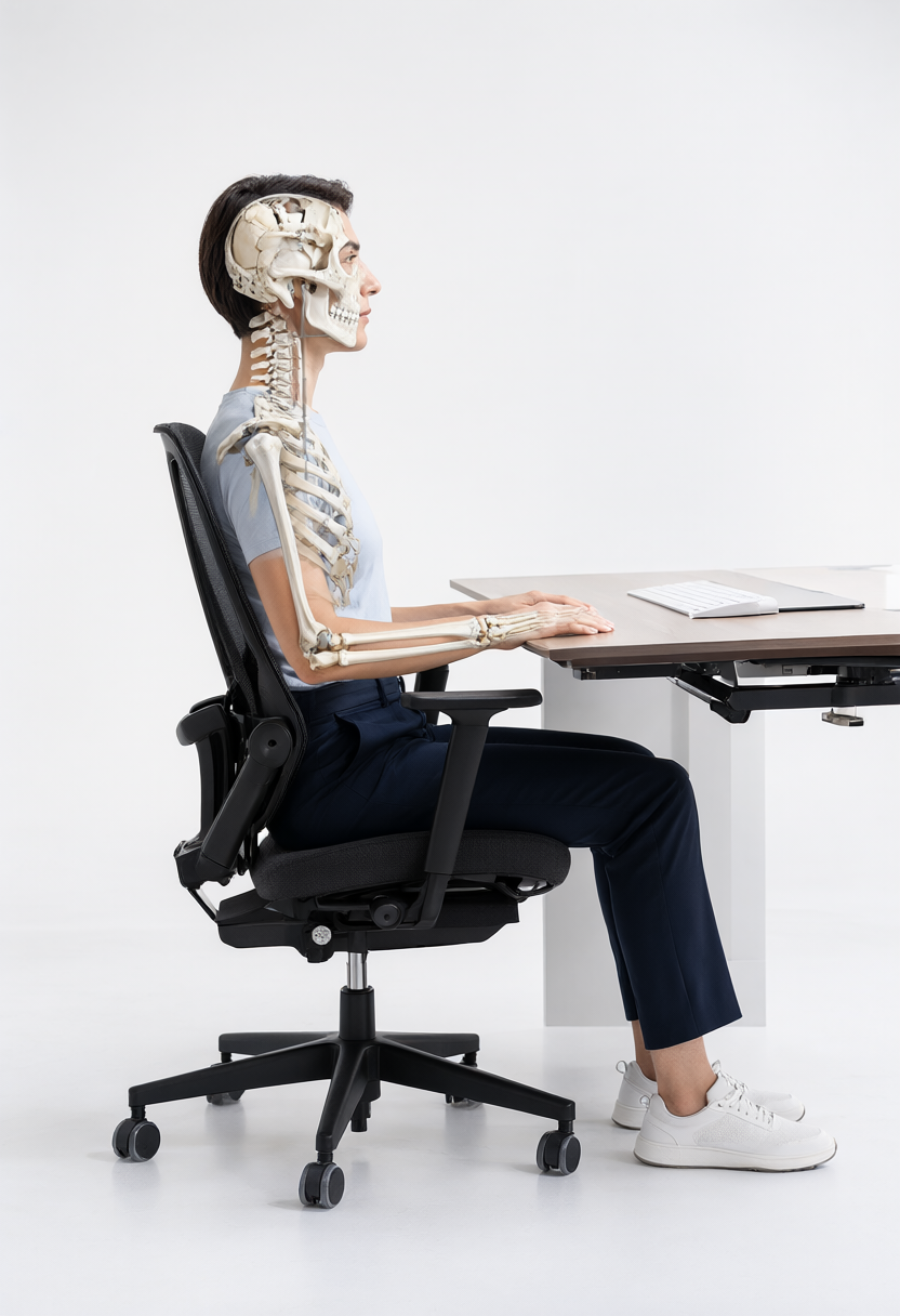 Ergonomic desk posture demonstrating 90-degree elbow and knee alignment on ergonomic mesh chair