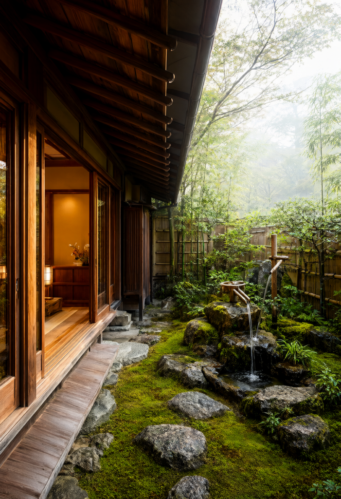 Hiên nhà gỗ phong cách Ryokan truyền thống tại Kyoto nhìn ra vườn rêu thanh tịnh