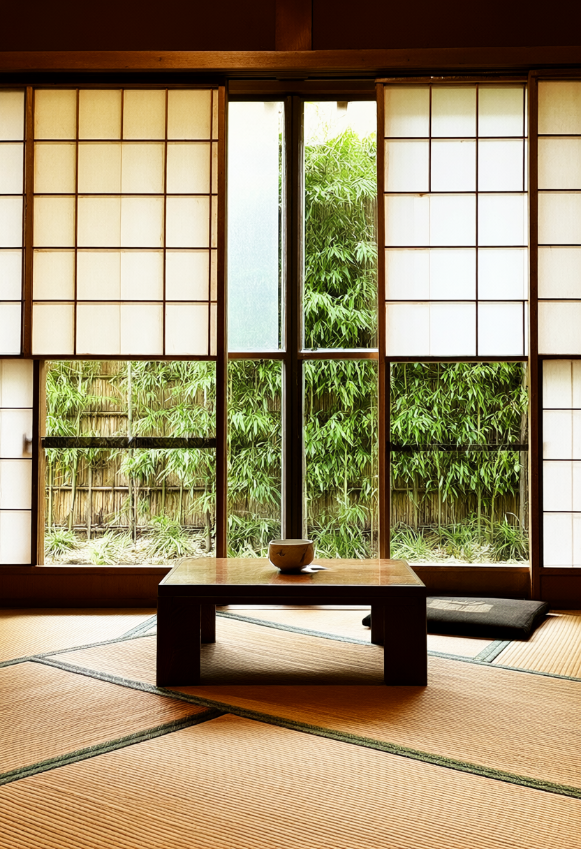 Phòng ngủ trải chiếu Tatami và cửa trượt Shoji mở ra khu vườn trúc xanh mướt