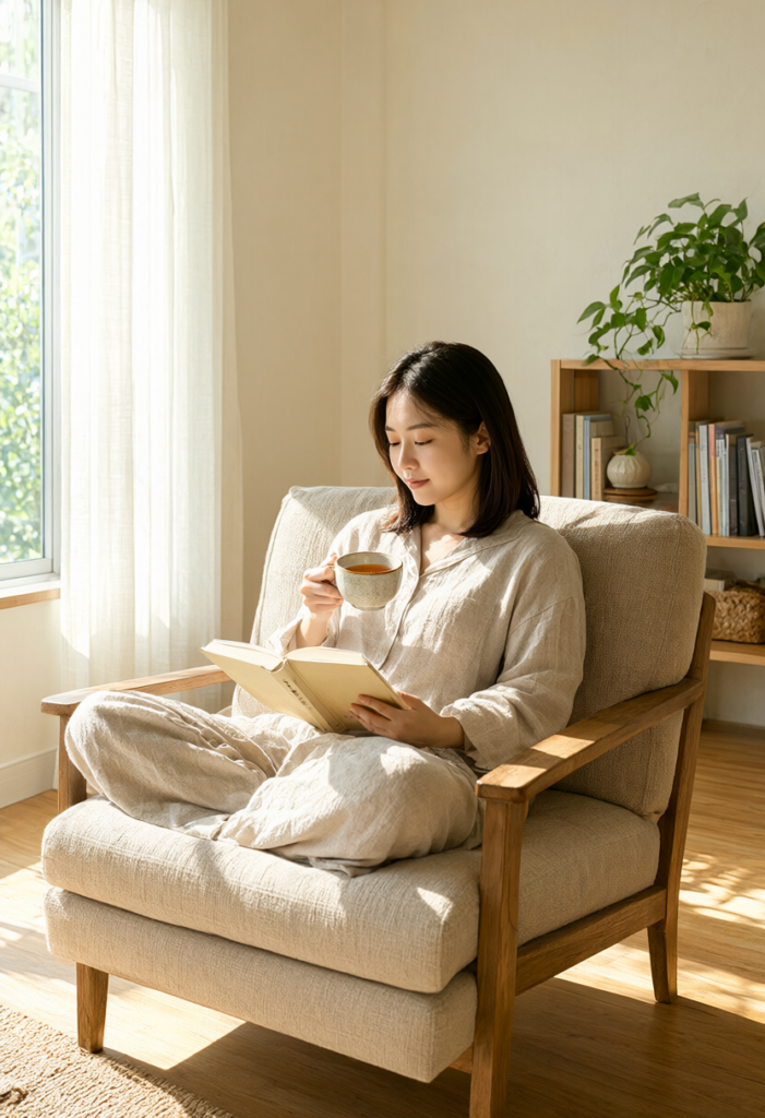 Cô gái đọc sách thảnh thơi bên ly trà ấm trong không gian hoàn toàn không có màn hình điện tử