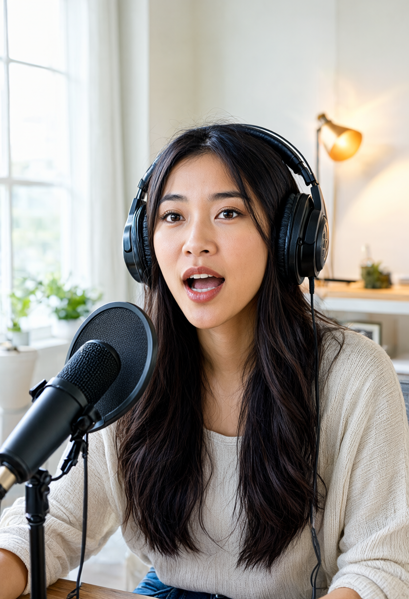 Cô gái trẻ đeo tai nghe kiểm âm và thu âm podcast với thần thái tự tin rạng rỡ