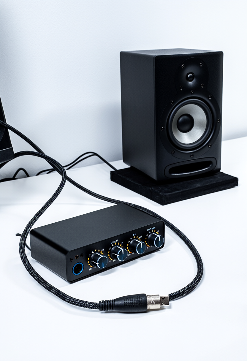 Soundcard thu âm và dây cáp chuyên dụng được bố trí gọn gàng trên bàn làm việc