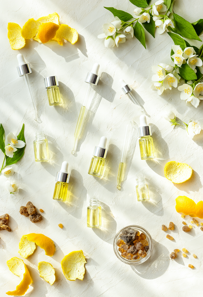 Bàn chế tác mùi hương với tinh dầu cam bergamot, hoa lài và hổ phách tự nhiên
