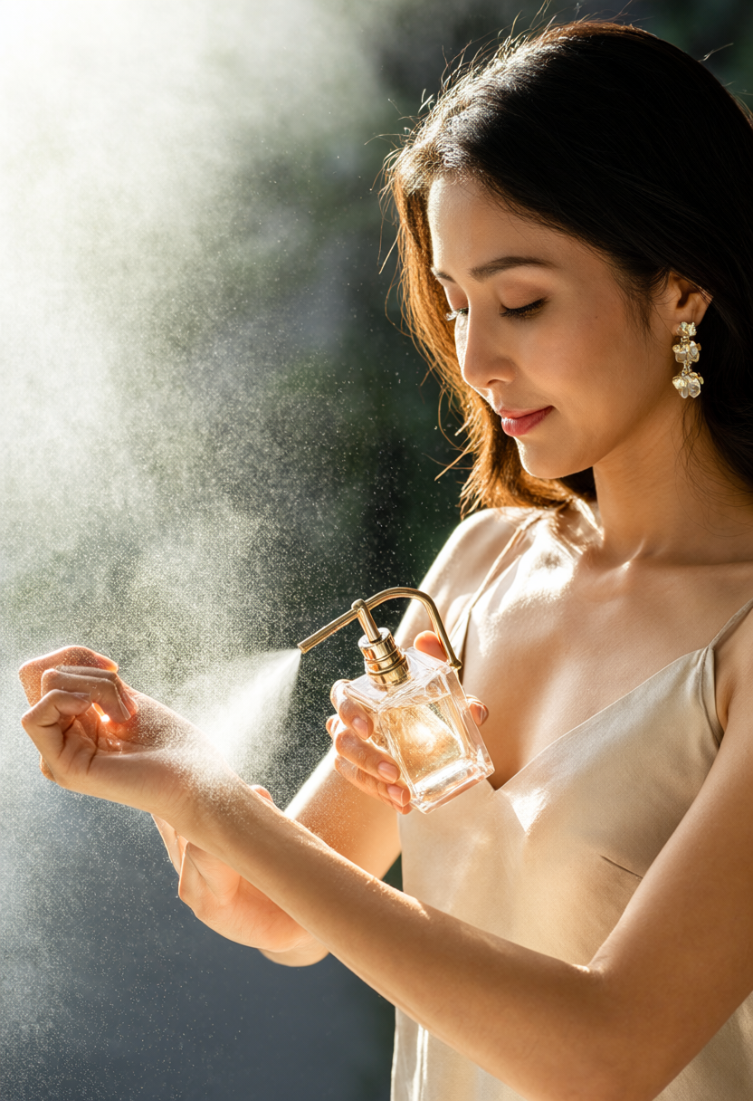 Người phụ nữ xịt nước hoa nhẹ nhàng lên cổ tay đón ánh nắng ban mai dịu dàng