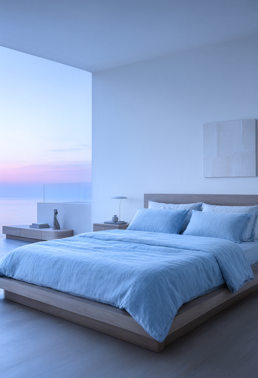 Không gian phòng ngủ thoáng khí với chăn đũi linen tự nhiên giúp hạ nhiệt độ cơ thể