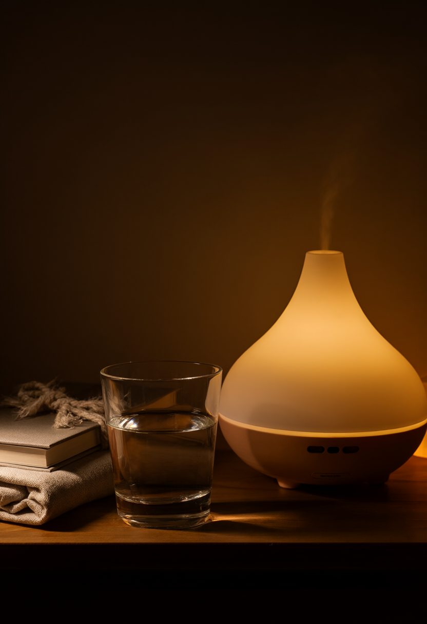 Bàn đầu giường tối giản với ly nước thủy tinh, sách đọc và máy xông tinh dầu gốm