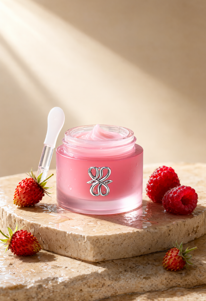 Hũ mặt nạ ngủ môi Laneige màu hồng dâu bên cạnh quả mâm xôi tươi và thìa silicon