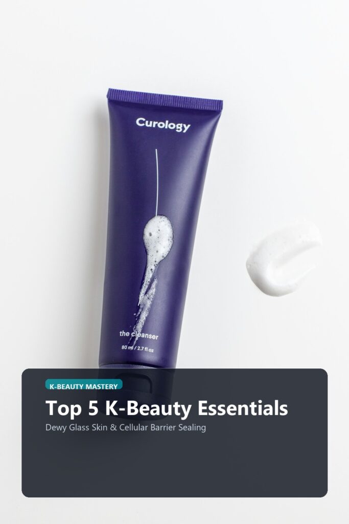 Luxury Korean skincare products and glass dropper on travertine stone